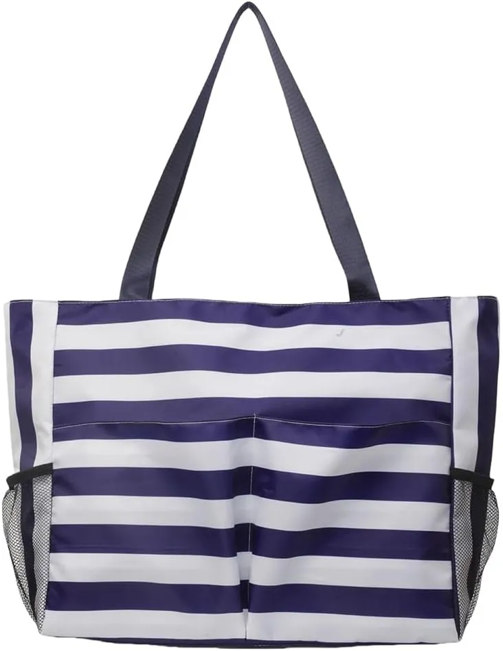 Women Striped Tote Bag Contrast Color Handbag Large Capacity Trendy Commuting Bag Multi-pockets Fashion Shoulder B