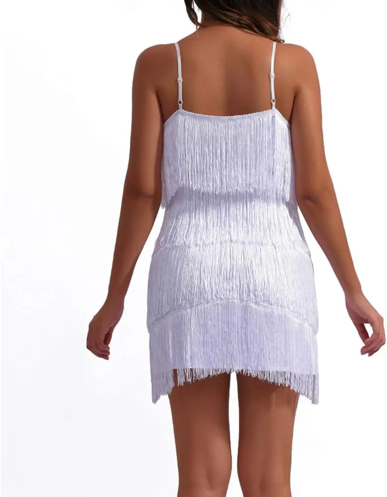 Women's 1920s Roaring Flapper Dresses V-Neck Cami Dress Gatsby Loose Mini Fringe Vintage Tassel Party Dress