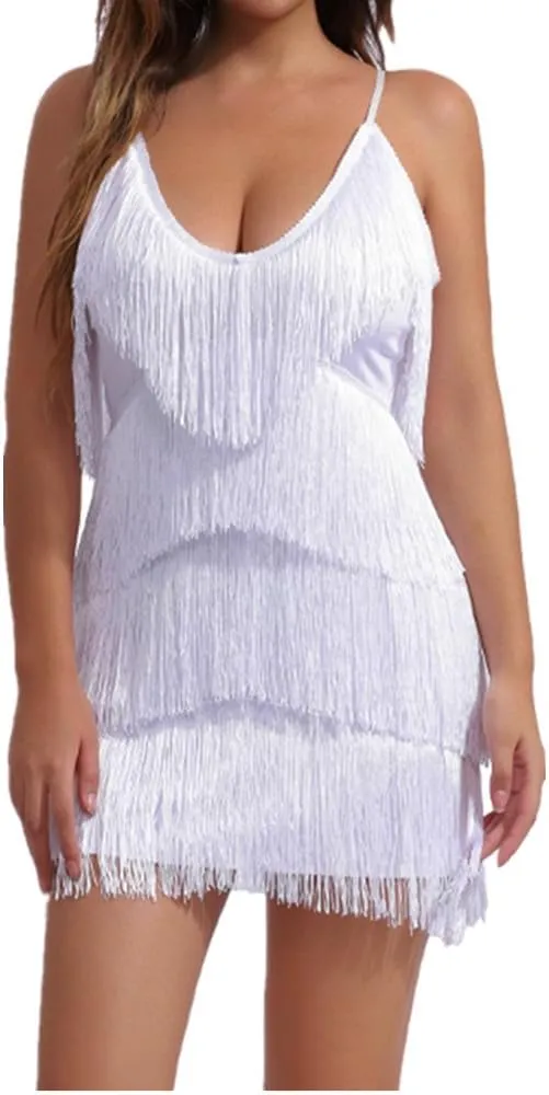 Women's 1920s Roaring Flapper Dresses V-Neck Cami Dress Gatsby Loose Mini Fringe Vintage Tassel Party Dress