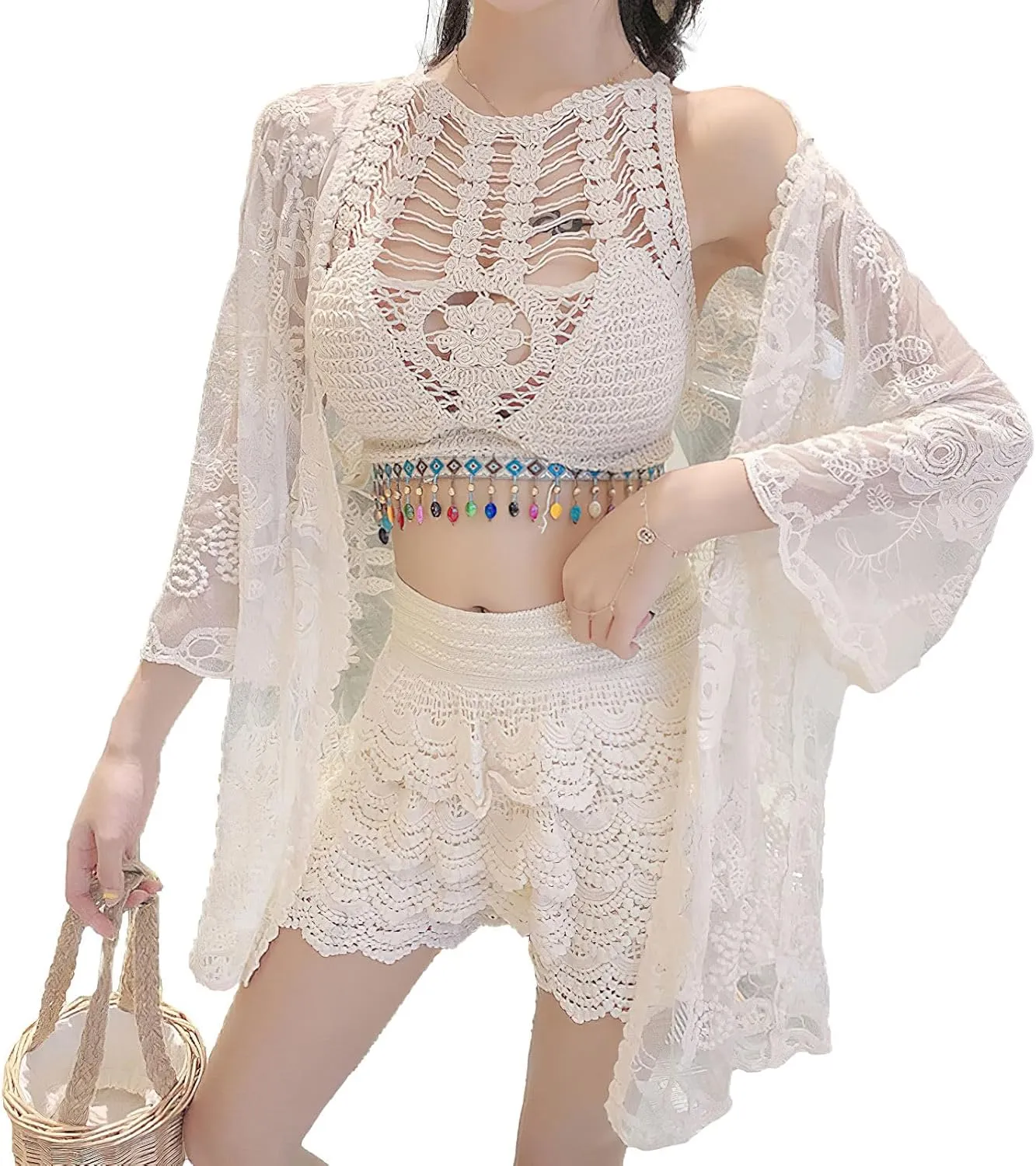 Women's 3 Pieces Bikini Set Hollow Out Cardigan & Crop Top & Floral Shorts Summer Beach Crochet Knit Swimsuits