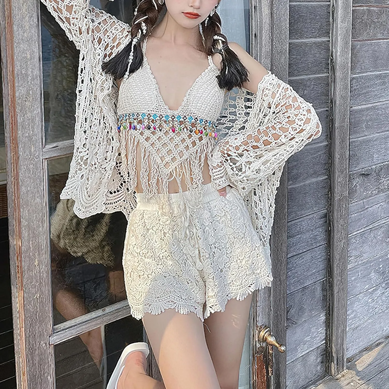 Women's 3 Pieces Bikini Set Hollow Out Cardigan & Crop Top & Floral Shorts Summer Beach Crochet Knit Swimsuits