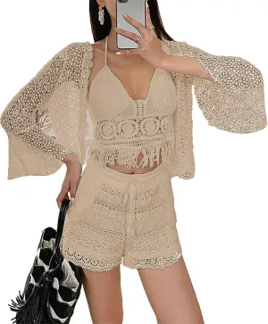 Women's 3 Pieces Bikini Set Hollow Out Cardigan & Crop Top & Floral Shorts Summer Beach Crochet Knit Swimsuits