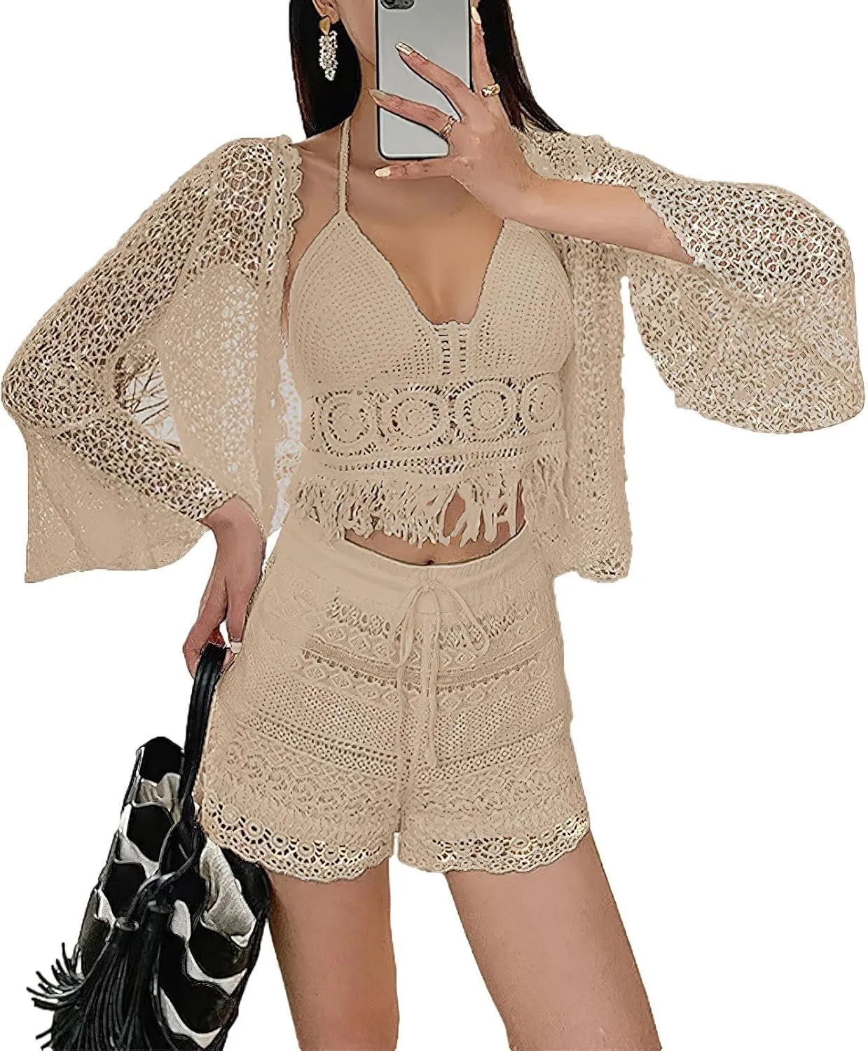 Women's 3 Pieces Bikini Set Hollow Out Cardigan & Crop Top & Floral Shorts Summer Beach Crochet Knit Swimsuits