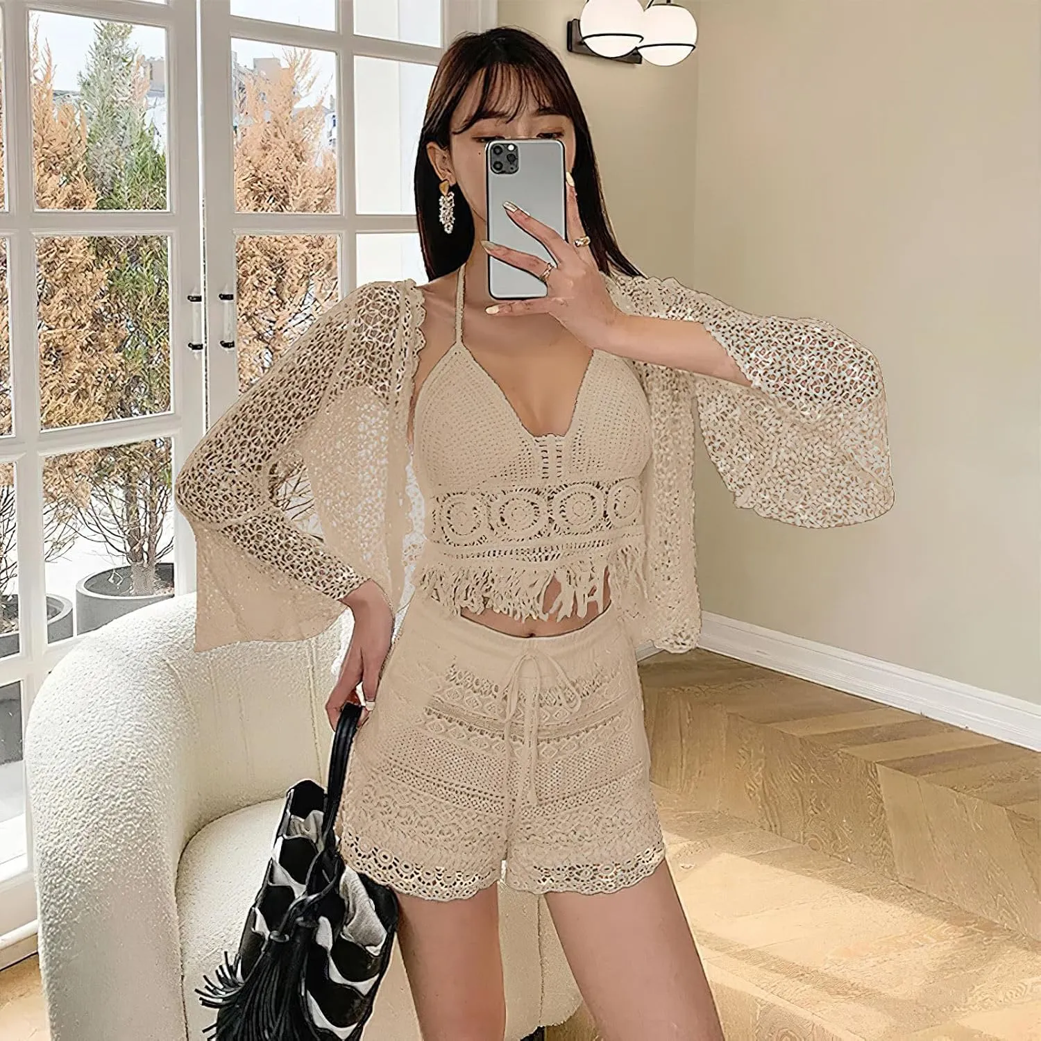 Women's 3 Pieces Bikini Set Hollow Out Cardigan & Crop Top & Floral Shorts Summer Beach Crochet Knit Swimsuits