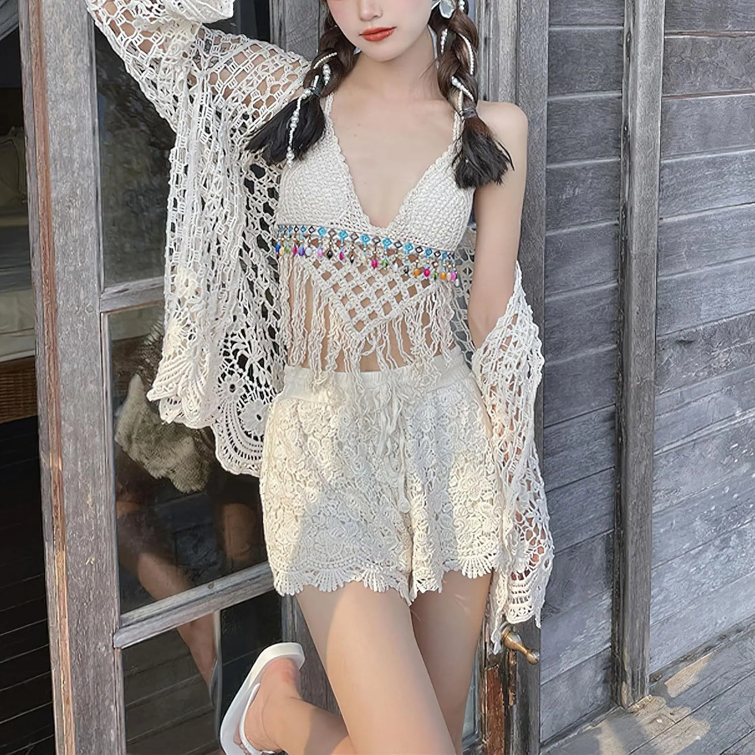 Women's 3 Pieces Bikini Set Hollow Out Cardigan & Crop Top & Floral Shorts Summer Beach Crochet Knit Swimsuits