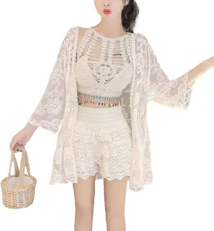 Women's 3 Pieces Bikini Set Hollow Out Cardigan & Crop Top & Floral Shorts Summer Beach Crochet Knit Swimsuits