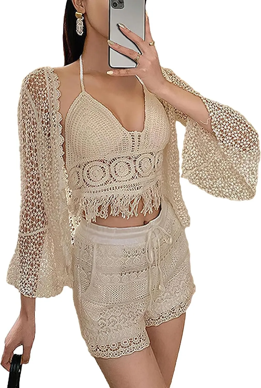 Women's 3 Pieces Bikini Set Hollow Out Cardigan & Crop Top & Floral Shorts Summer Beach Crochet Knit Swimsuits