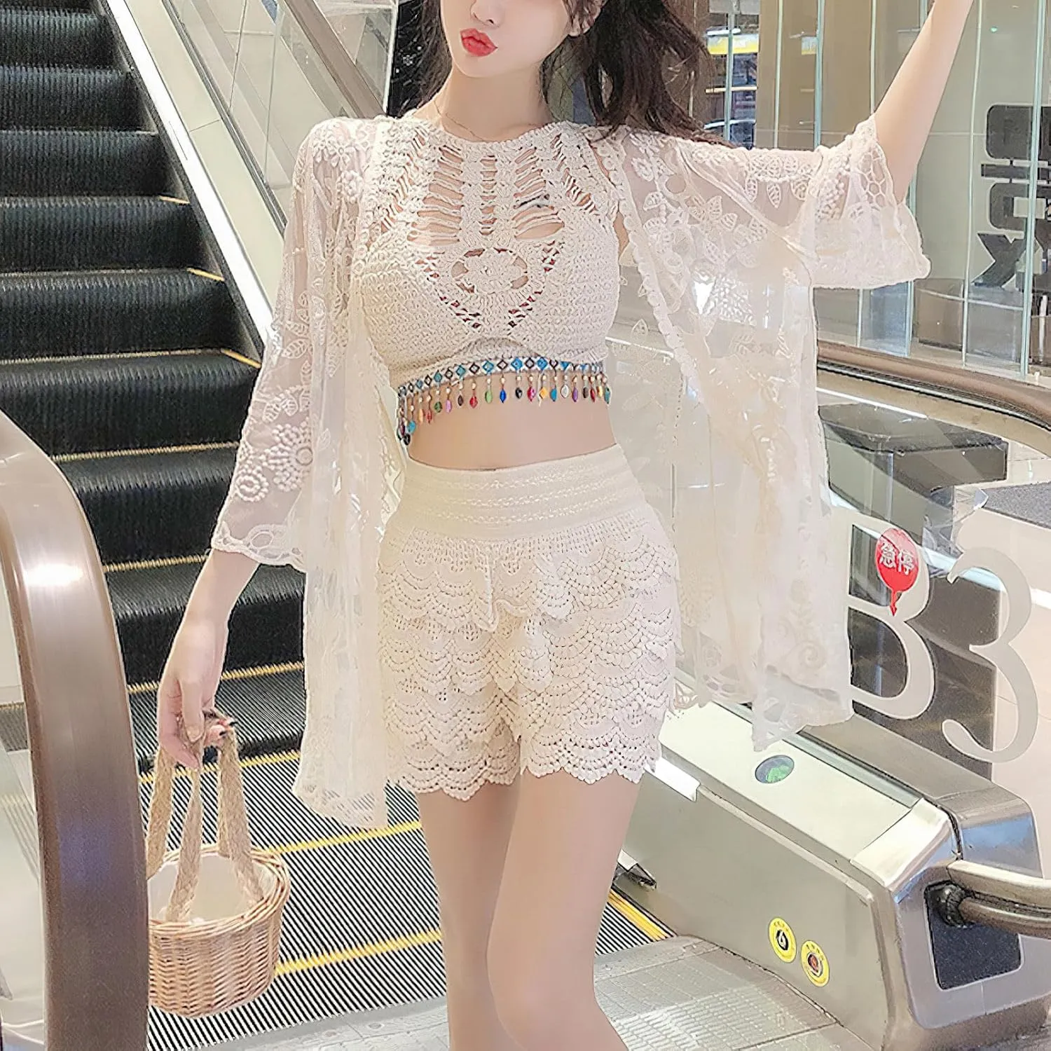Women's 3 Pieces Bikini Set Hollow Out Cardigan & Crop Top & Floral Shorts Summer Beach Crochet Knit Swimsuits