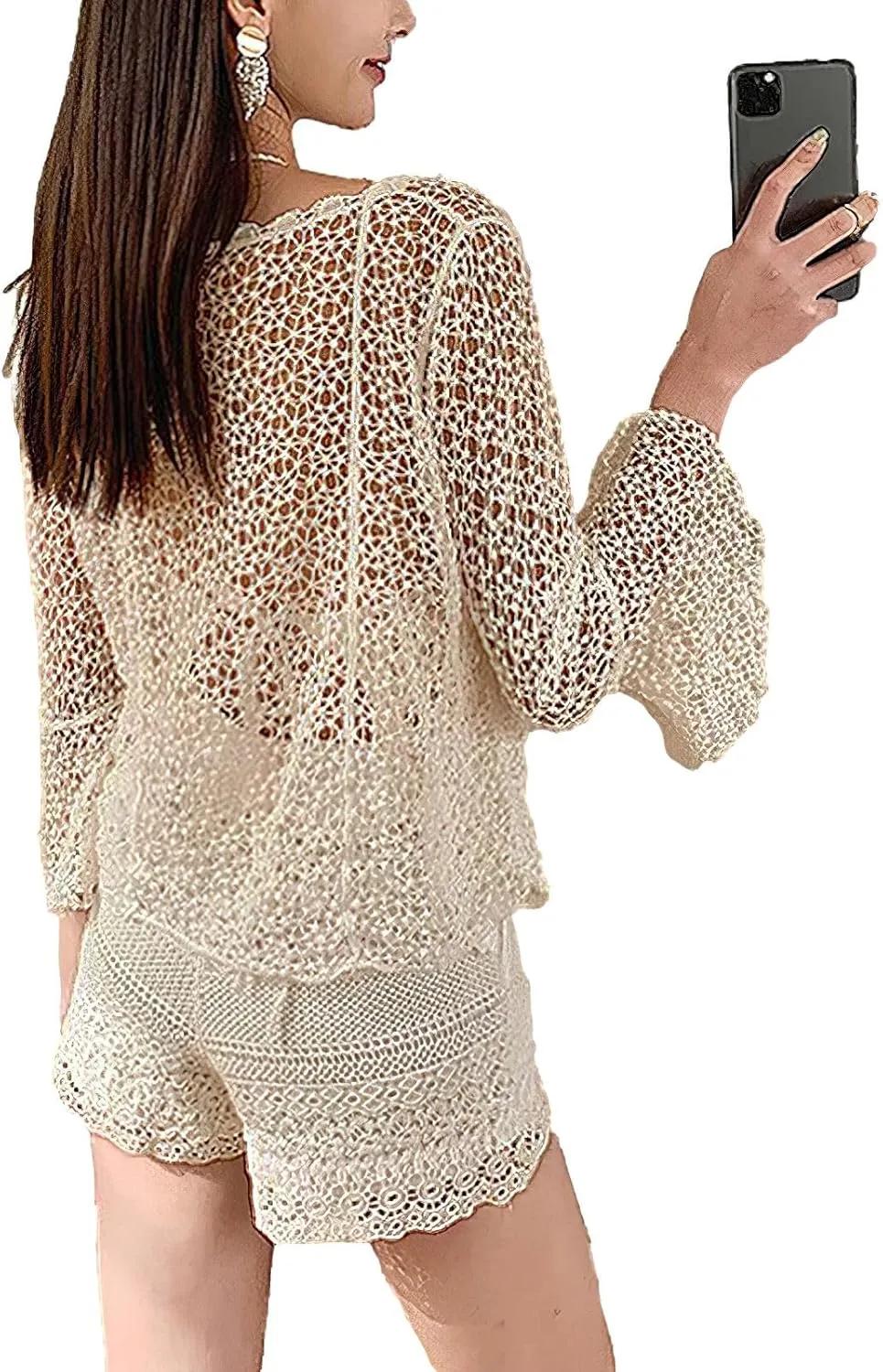 Women's 3 Pieces Bikini Set Hollow Out Cardigan & Crop Top & Floral Shorts Summer Beach Crochet Knit Swimsuits