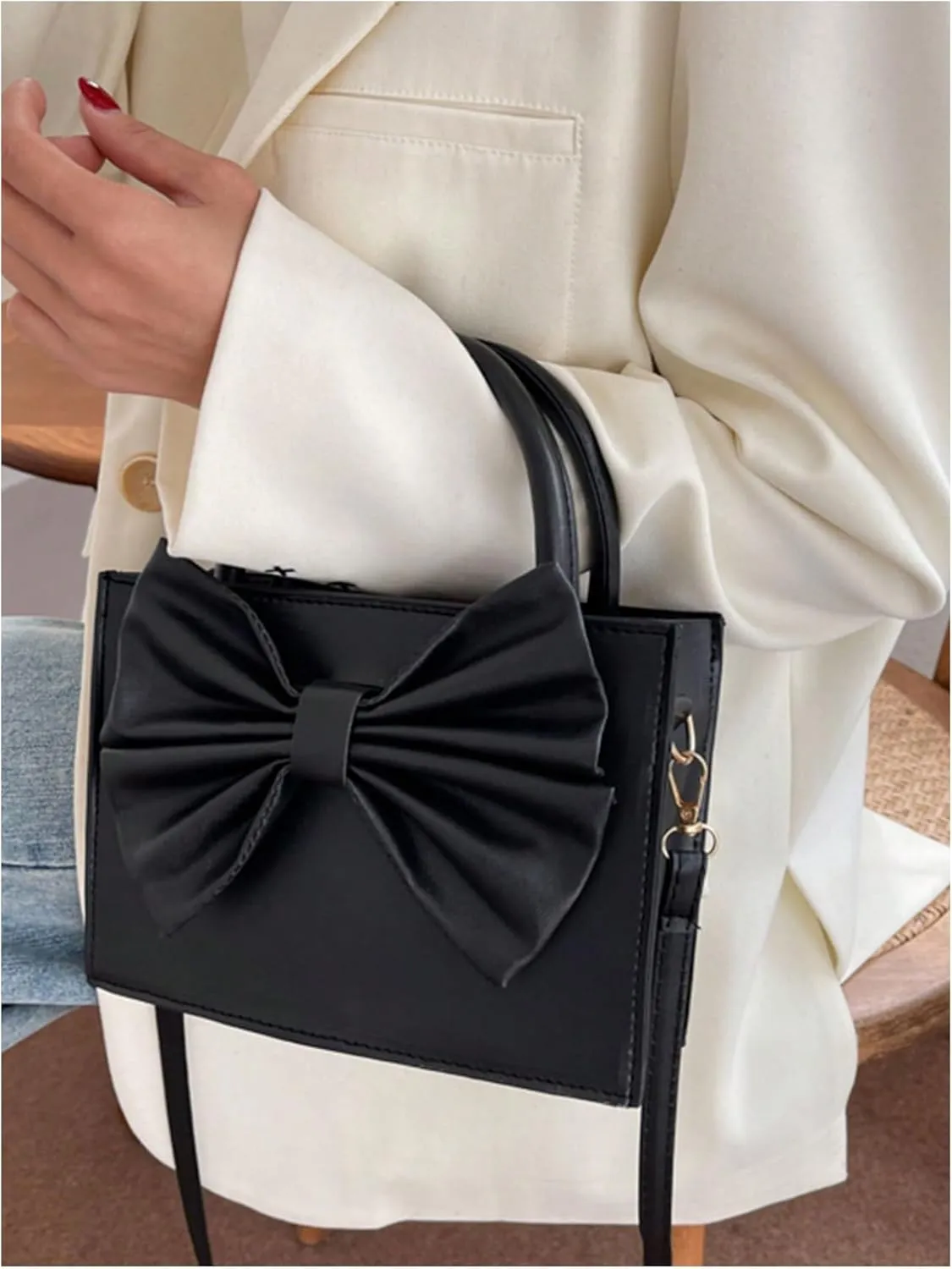 Women's Bow Knot Satchel Handbag Zipper Double Handle Elegant Small Shoulder Bags