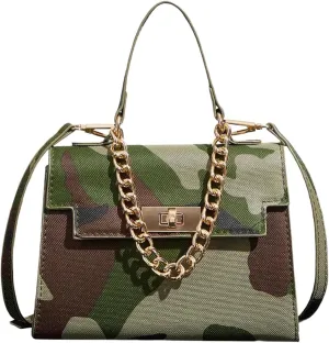 Women's Camo Flap Square Bags Chain Strap Top Handle Satchel Crossbody Bag