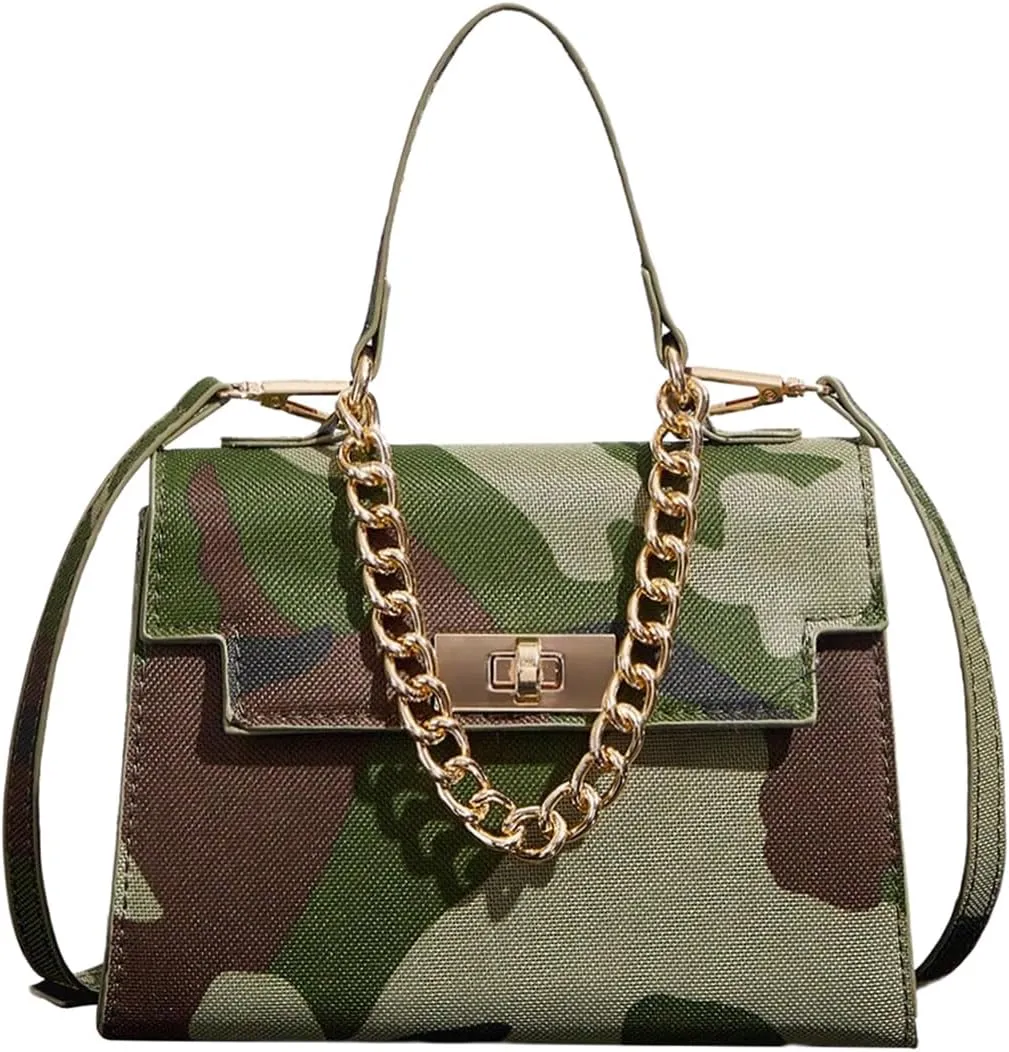 Women's Camo Flap Square Bags Chain Strap Top Handle Satchel Crossbody Bag