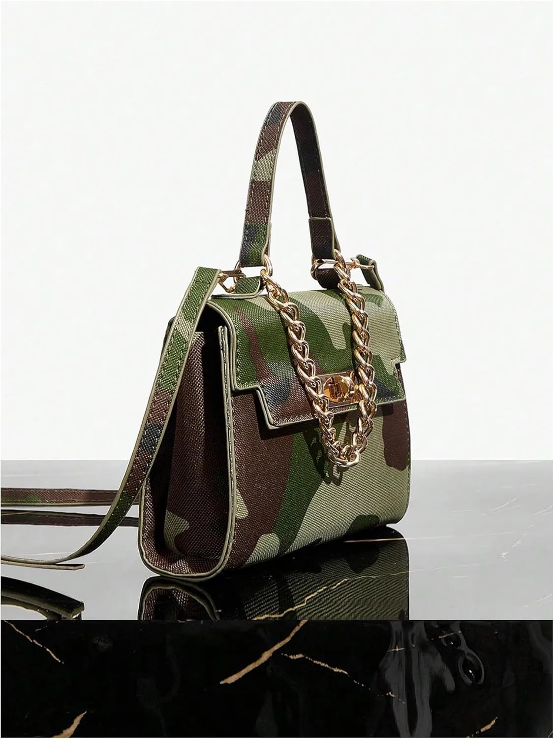 Women's Camo Flap Square Bags Chain Strap Top Handle Satchel Crossbody Bag