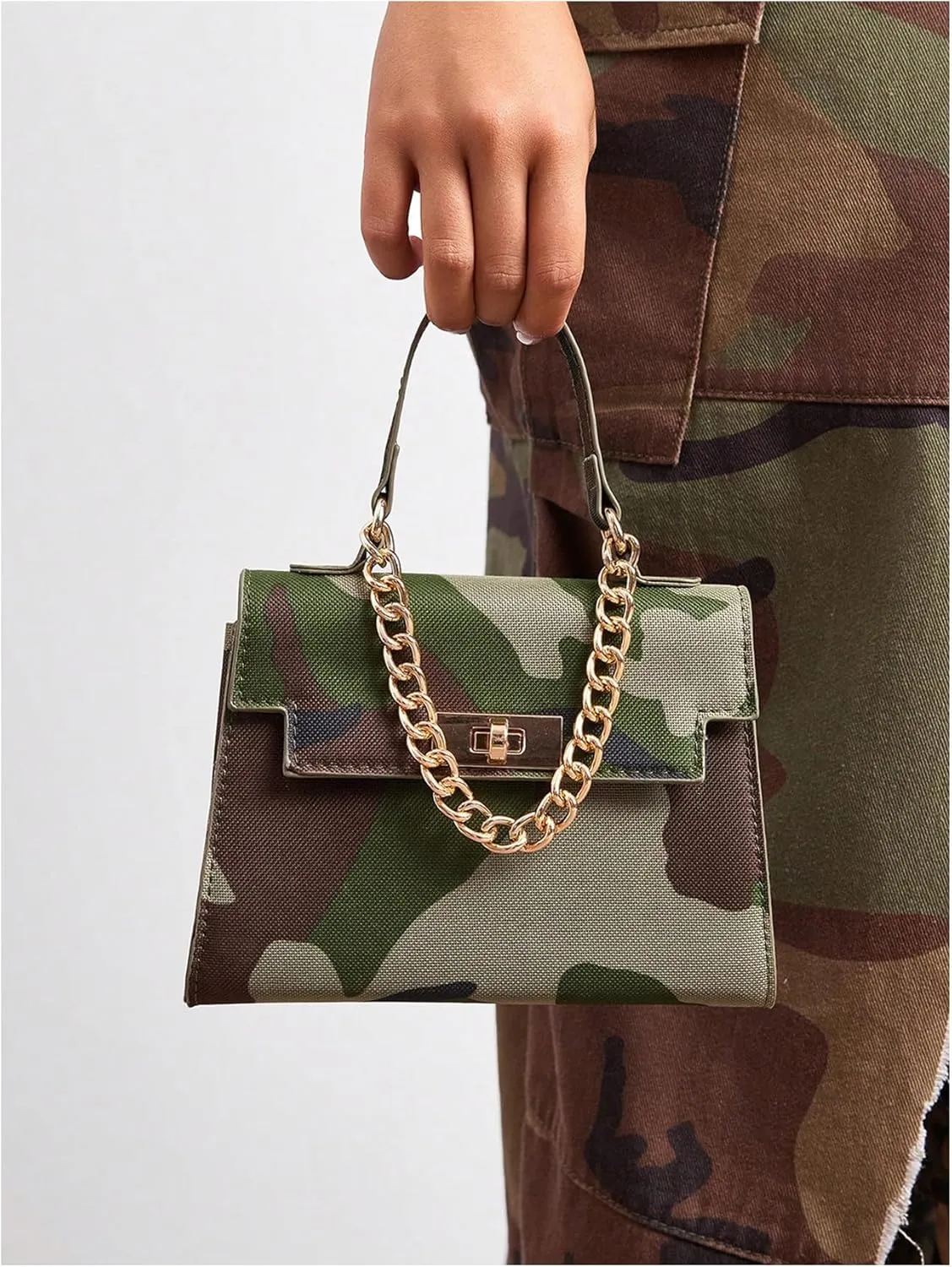 Women's Camo Flap Square Bags Chain Strap Top Handle Satchel Crossbody Bag