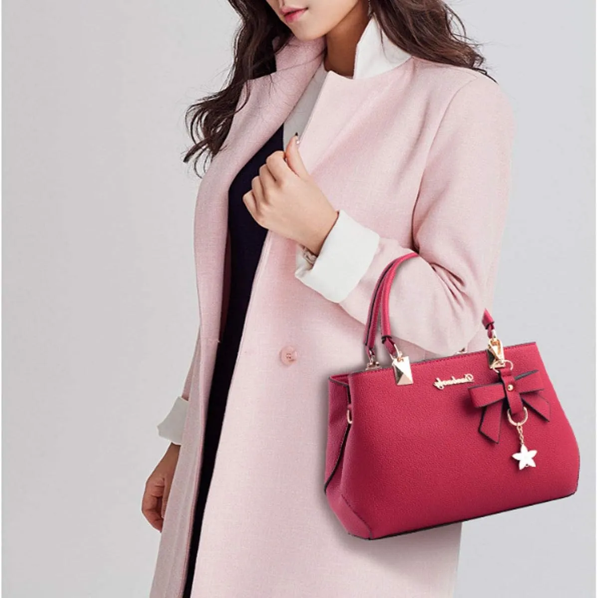 Womens Handbags and Purses Fashion Top Handle Satchel Tote PU Leather Shoulder Bags Pink