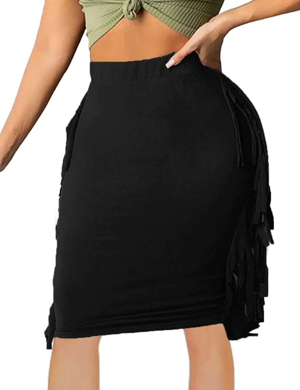 Women's High Waist Side Tassels Fringe Bodycon Pencil Midi Skirt