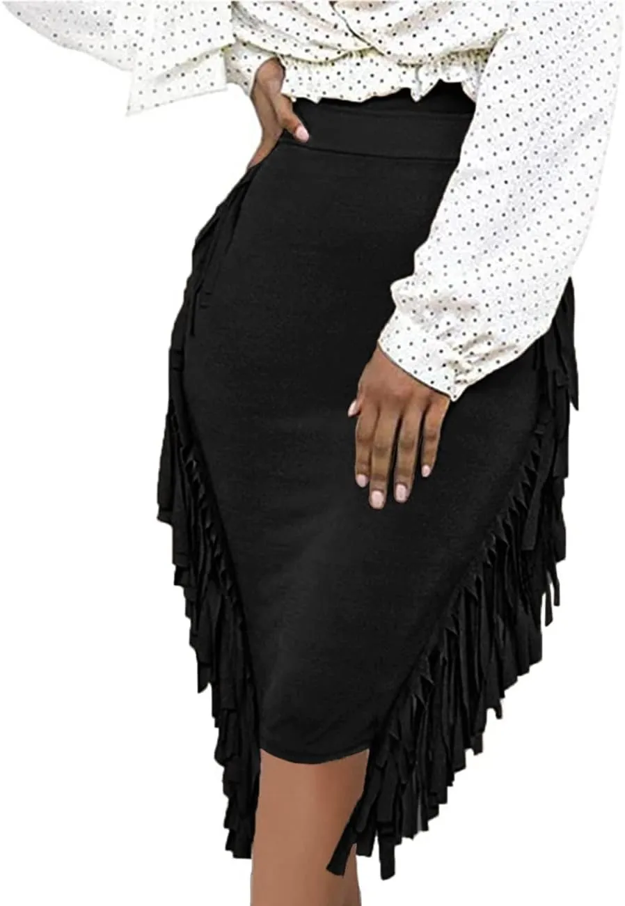 Women's High Waist Side Tassels Fringe Bodycon Pencil Midi Skirt