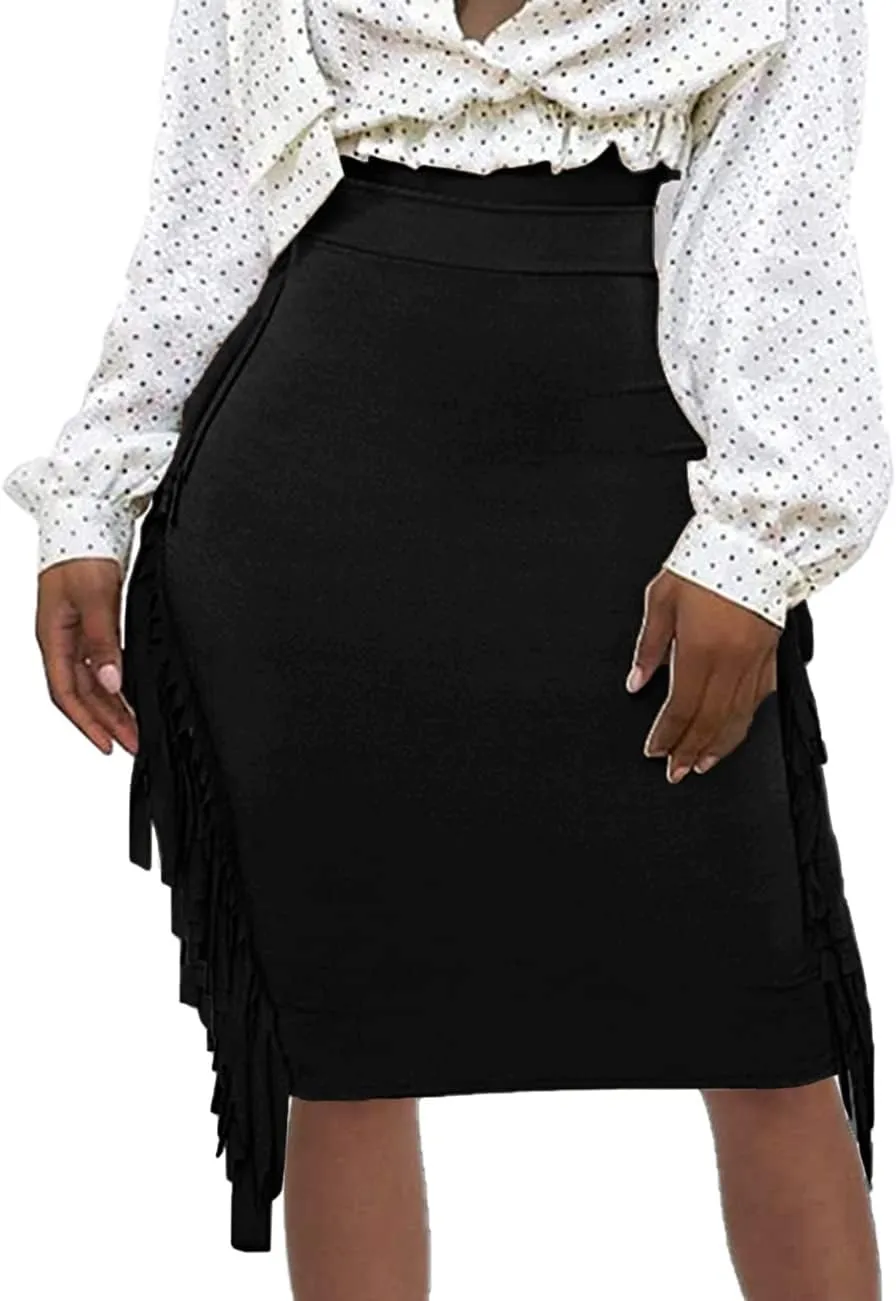 Women's High Waist Side Tassels Fringe Bodycon Pencil Midi Skirt