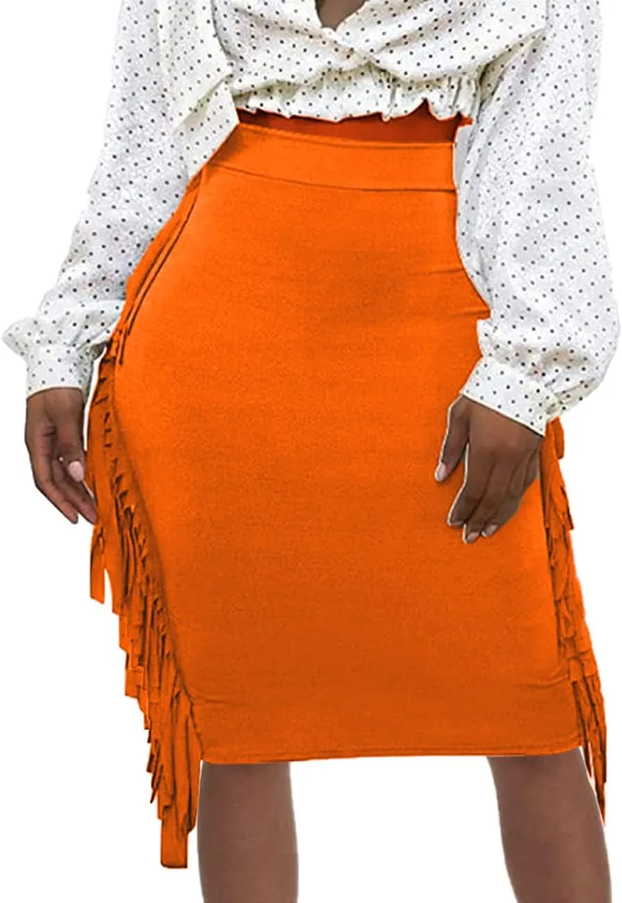 Women's High Waist Side Tassels Fringe Bodycon Pencil Midi Skirt