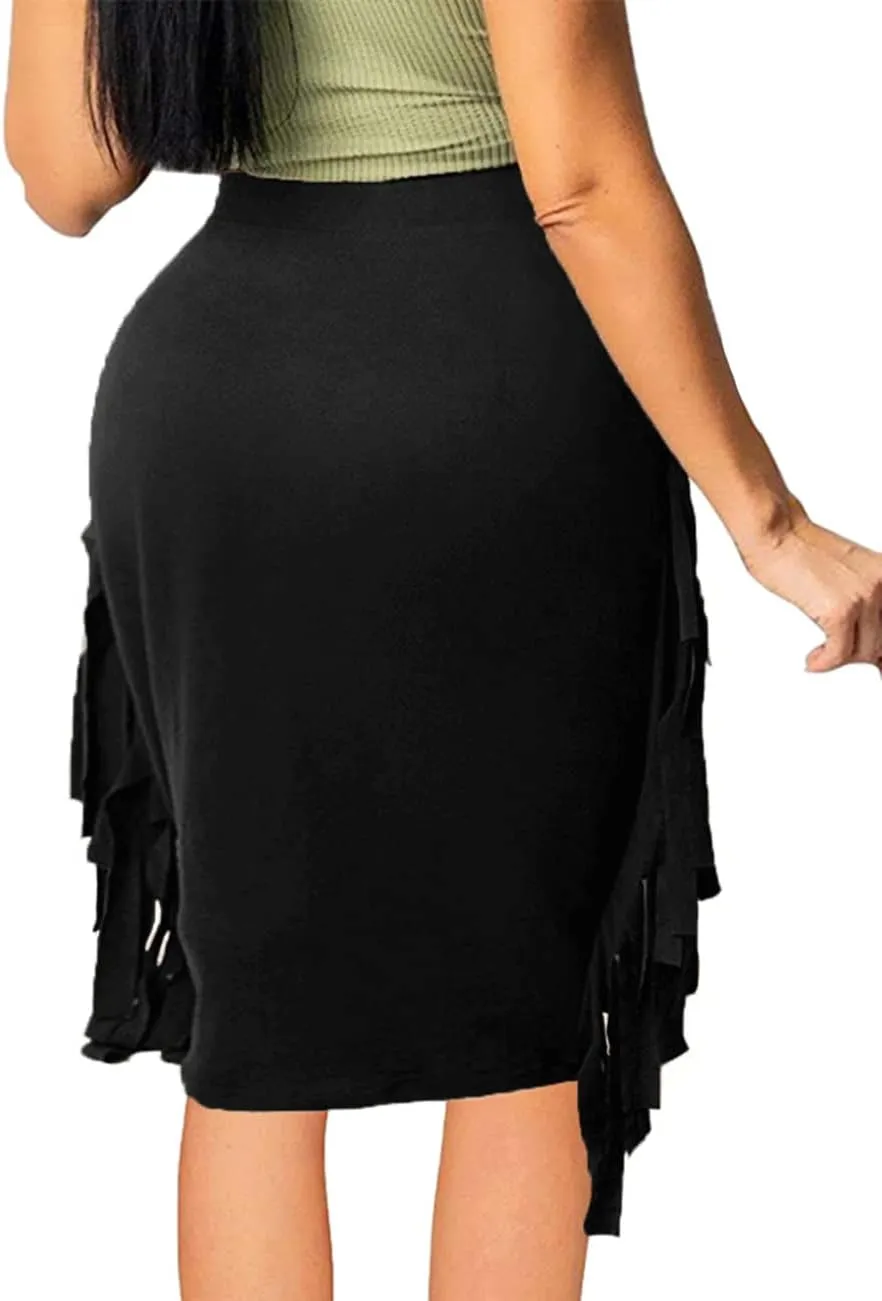 Women's High Waist Side Tassels Fringe Bodycon Pencil Midi Skirt