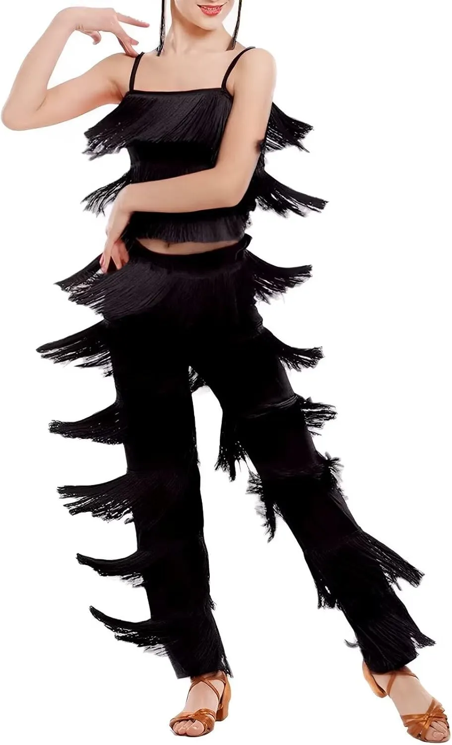 Women's Latin Tassel Dance top and Pant 2 Piece Sets for Ballroom Rumba Tango Salsa