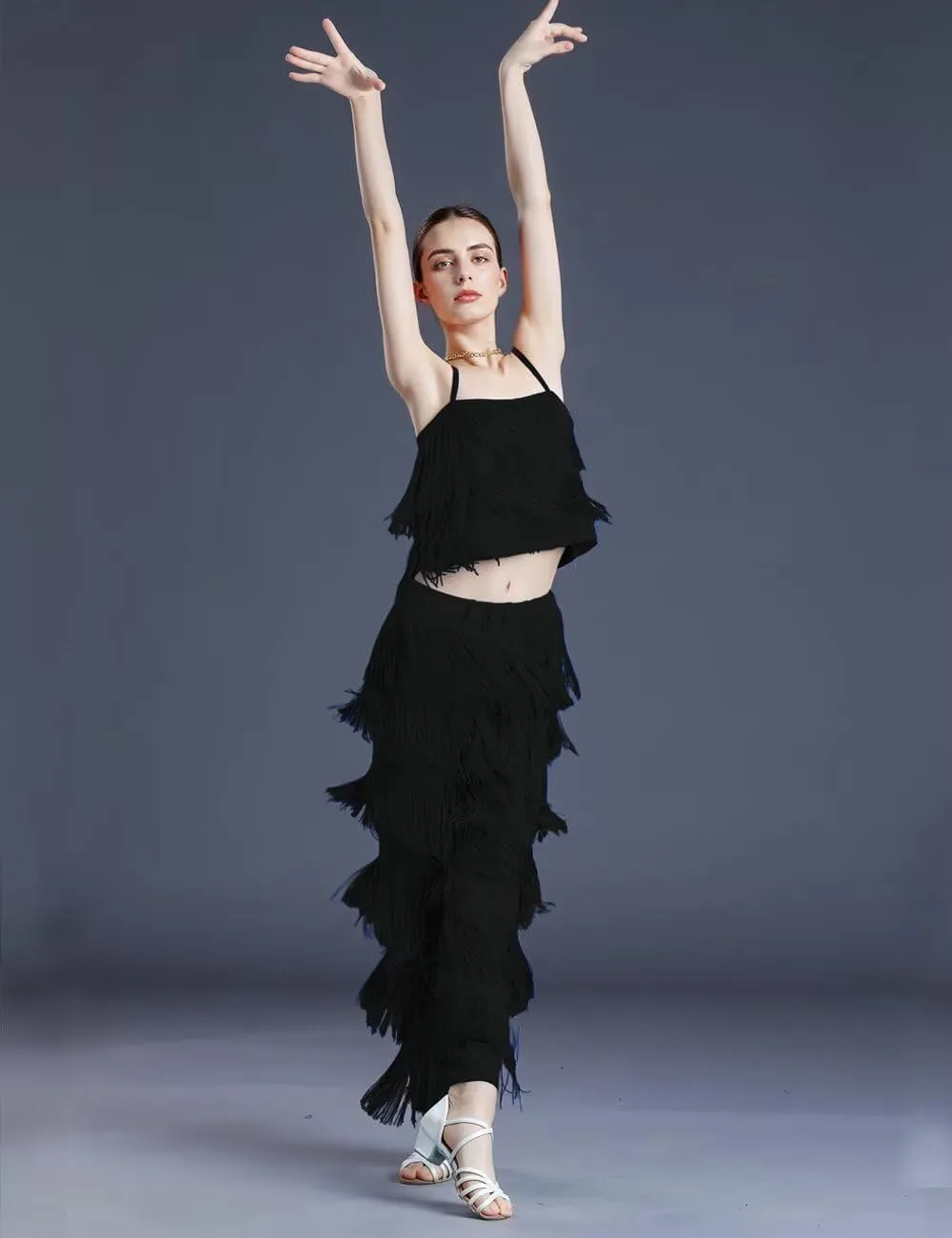 Women's Latin Tassel Dance top and Pant 2 Piece Sets for Ballroom Rumba Tango Salsa