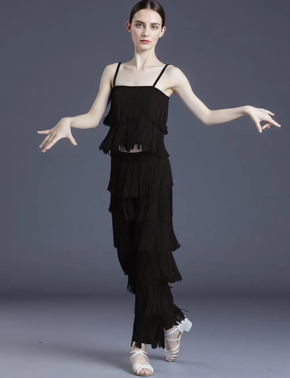 Women's Latin Tassel Dance top and Pant 2 Piece Sets for Ballroom Rumba Tango Salsa