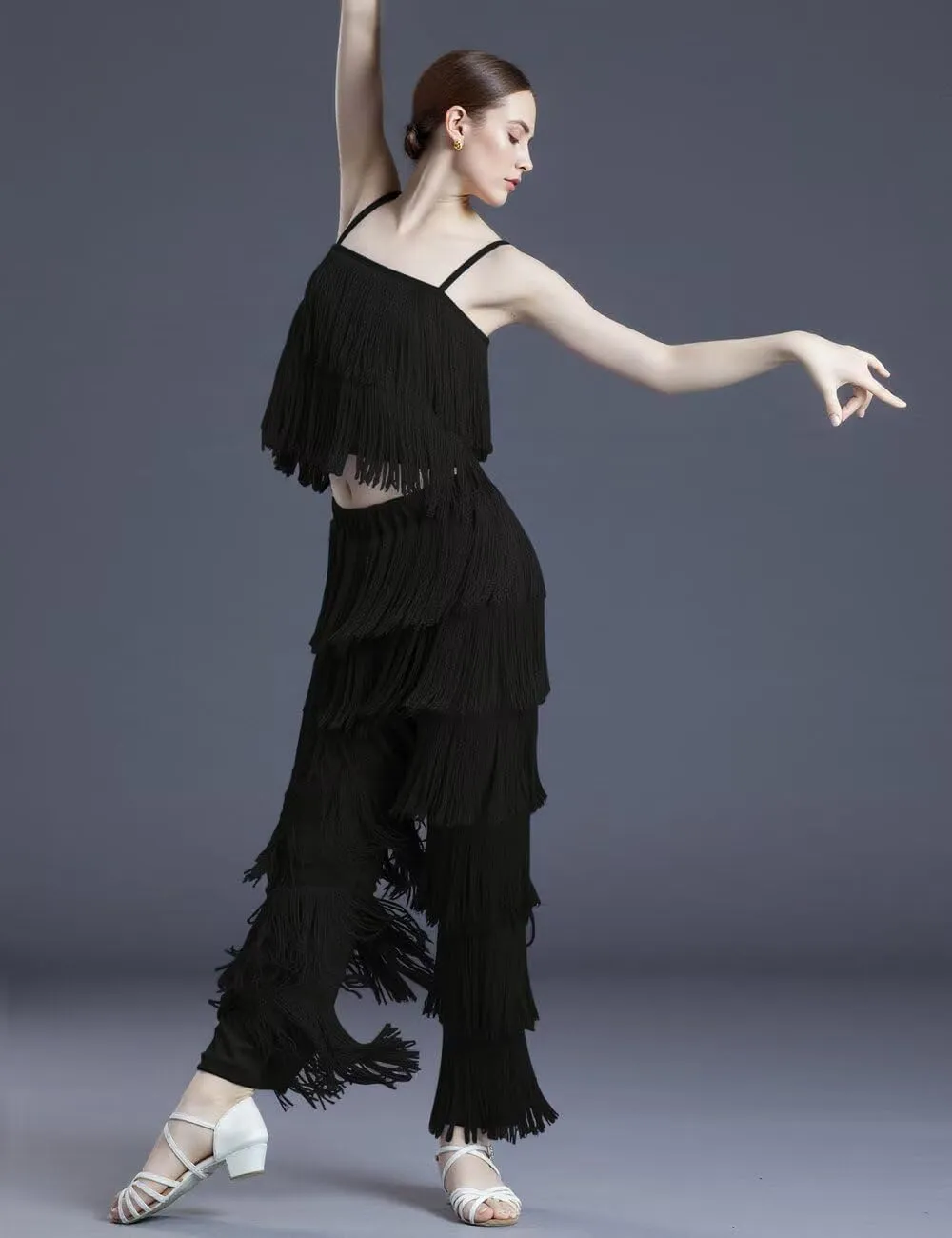 Women's Latin Tassel Dance top and Pant 2 Piece Sets for Ballroom Rumba Tango Salsa