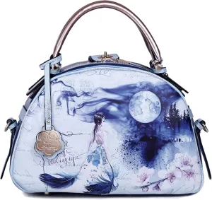 Women's Leather Top Handle Tote Bag Moonlight Blue Design, Floral and Moon Print, Double Zipper Handbag