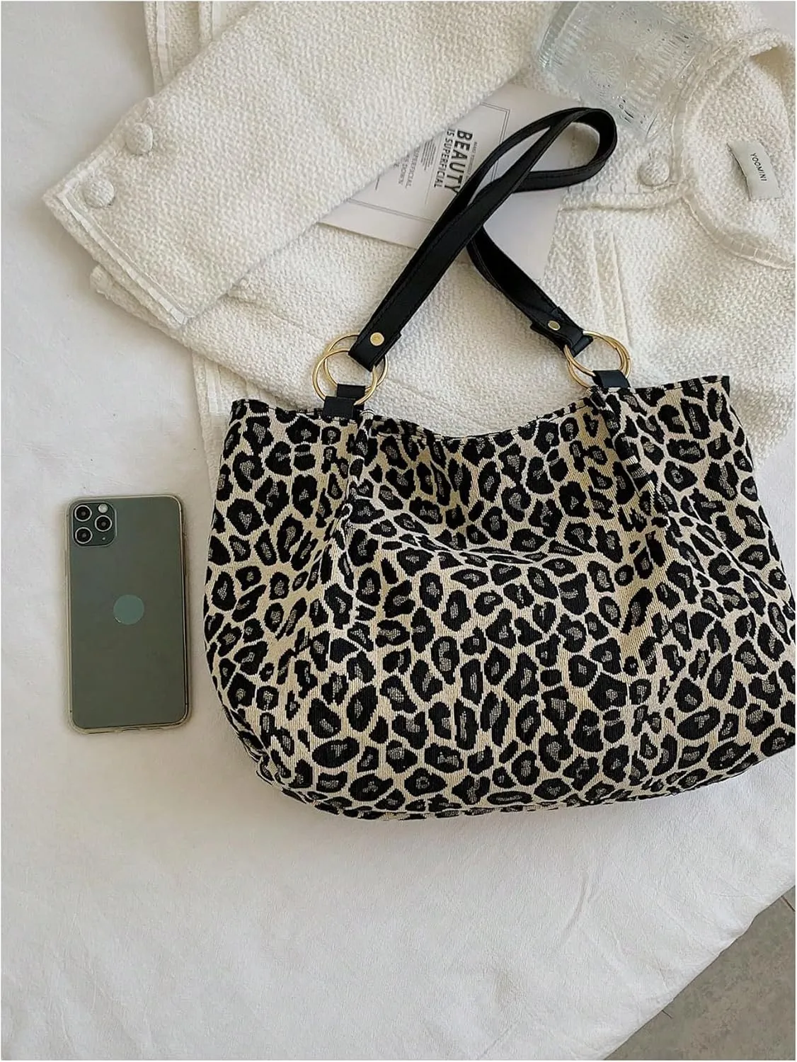 Women's Leopard Print Tote Bag Ring Linked Double Handle Square Shoulder Handbags