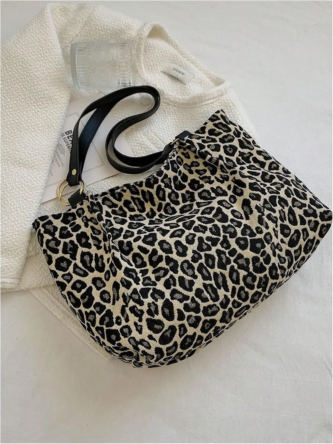 Women's Leopard Print Tote Bag Ring Linked Double Handle Square Shoulder Handbags