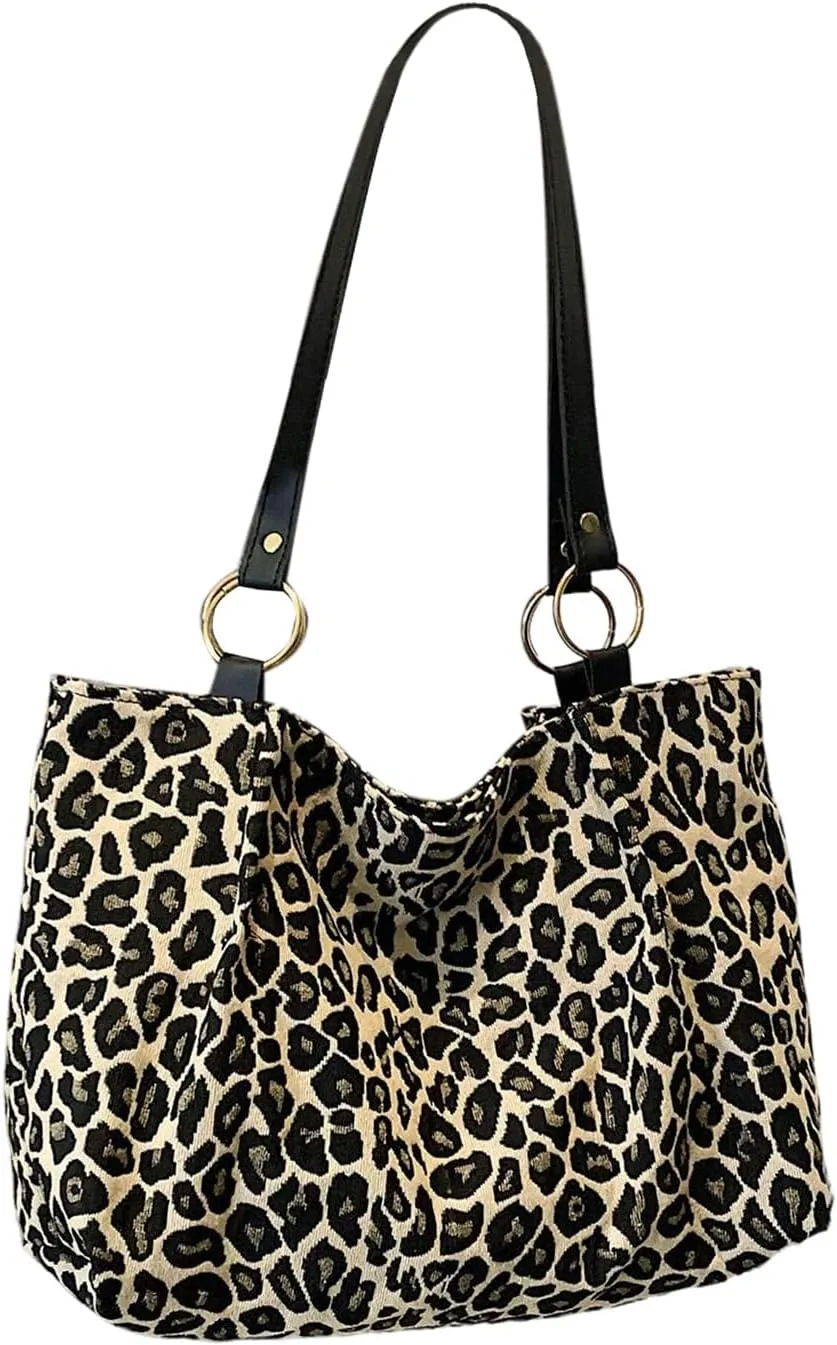 Women's Leopard Print Tote Bag Ring Linked Double Handle Square Shoulder Handbags