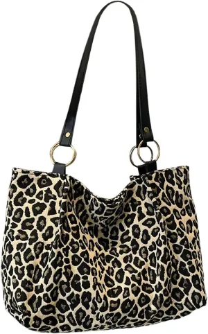 Women's Leopard Print Tote Bag Ring Linked Double Handle Square Shoulder Handbags
