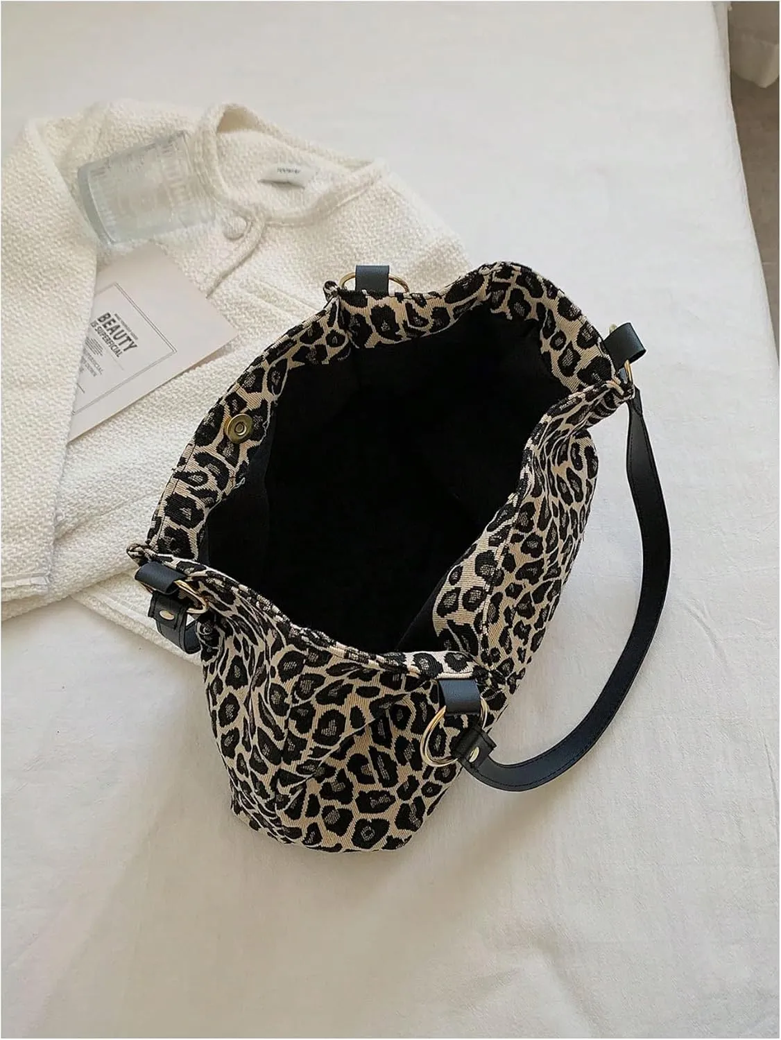 Women's Leopard Print Tote Bag Ring Linked Double Handle Square Shoulder Handbags