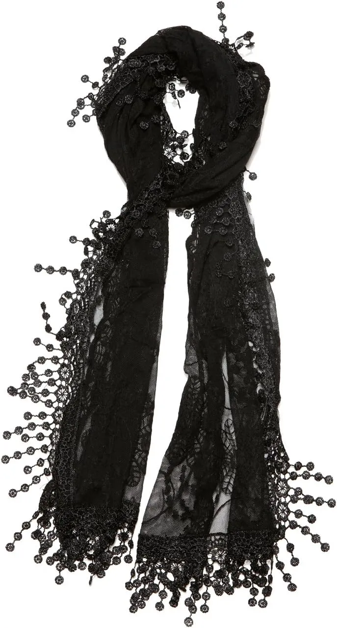 Women's lightweight Feminine Lace teardrop fringe Vintage Mesh Crochet Tassel Scarf for Women