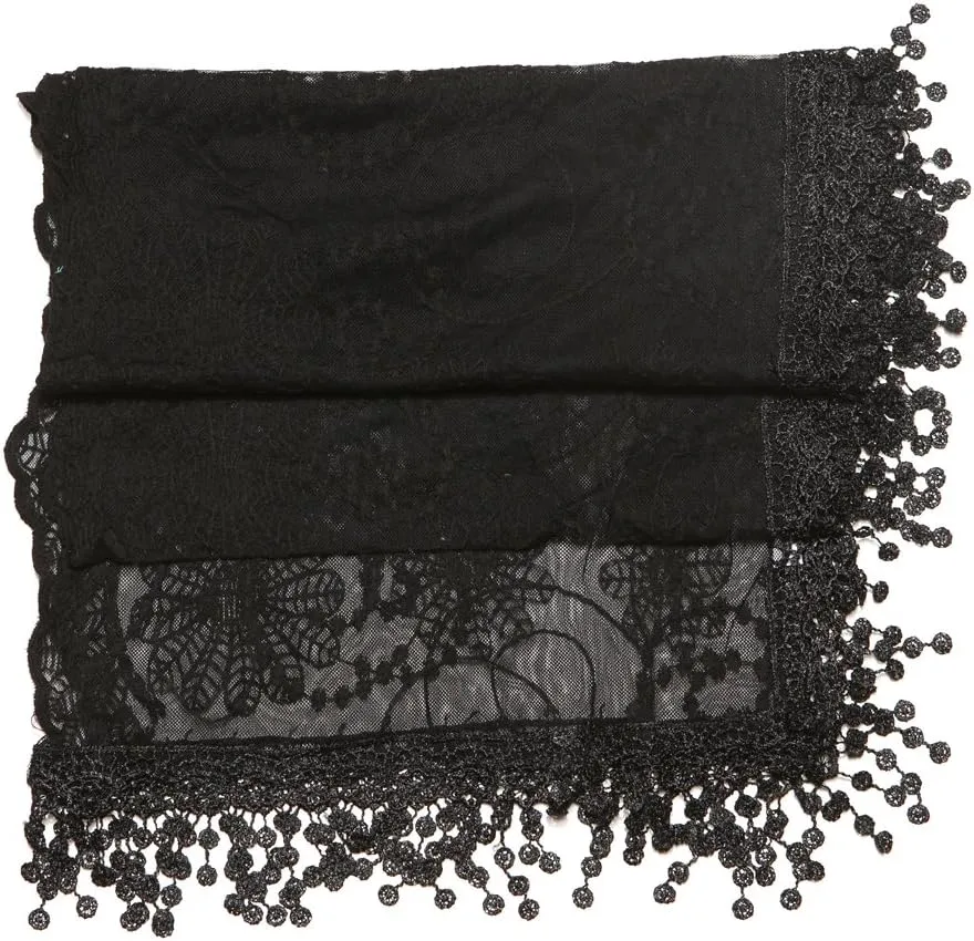 Women's lightweight Feminine Lace teardrop fringe Vintage Mesh Crochet Tassel Scarf for Women