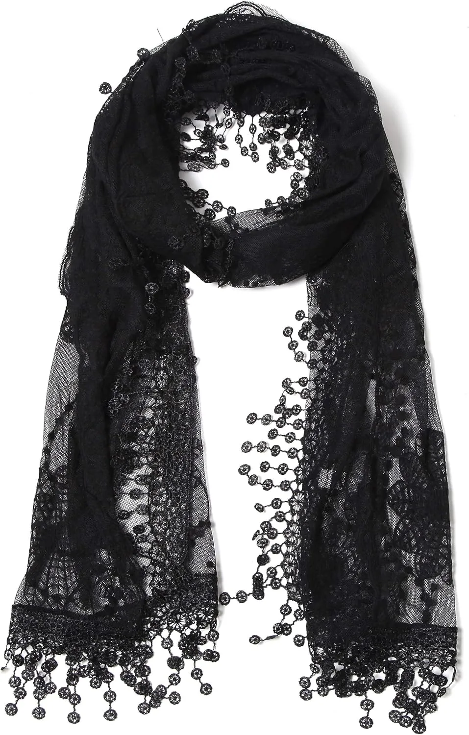 Women's lightweight Feminine Lace teardrop fringe Vintage Mesh Crochet Tassel Scarf for Women
