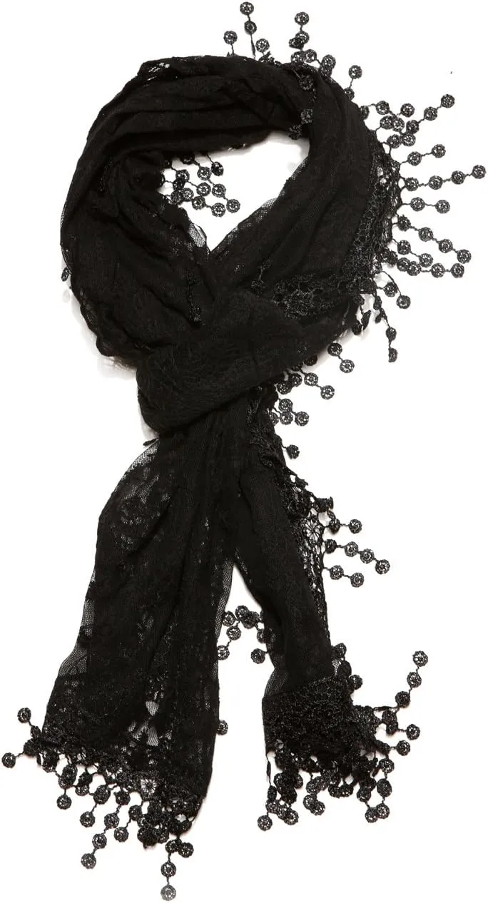 Women's lightweight Feminine Lace teardrop fringe Vintage Mesh Crochet Tassel Scarf for Women