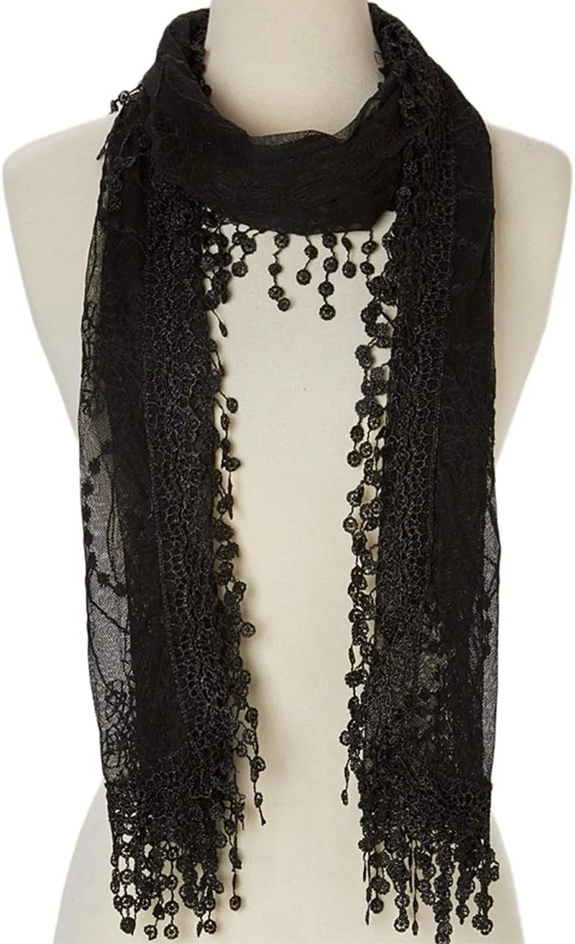 Women's lightweight Feminine Lace teardrop fringe Vintage Mesh Crochet Tassel Scarf for Women