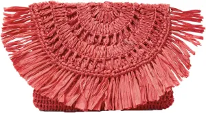 Women's Mia Crochet Raffia Fringe Small Clutch, Coral