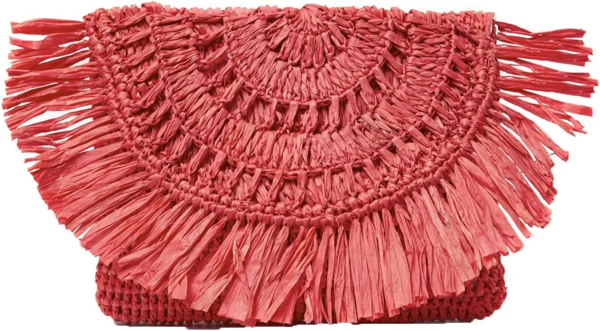Women's Mia Crochet Raffia Fringe Small Clutch, Coral