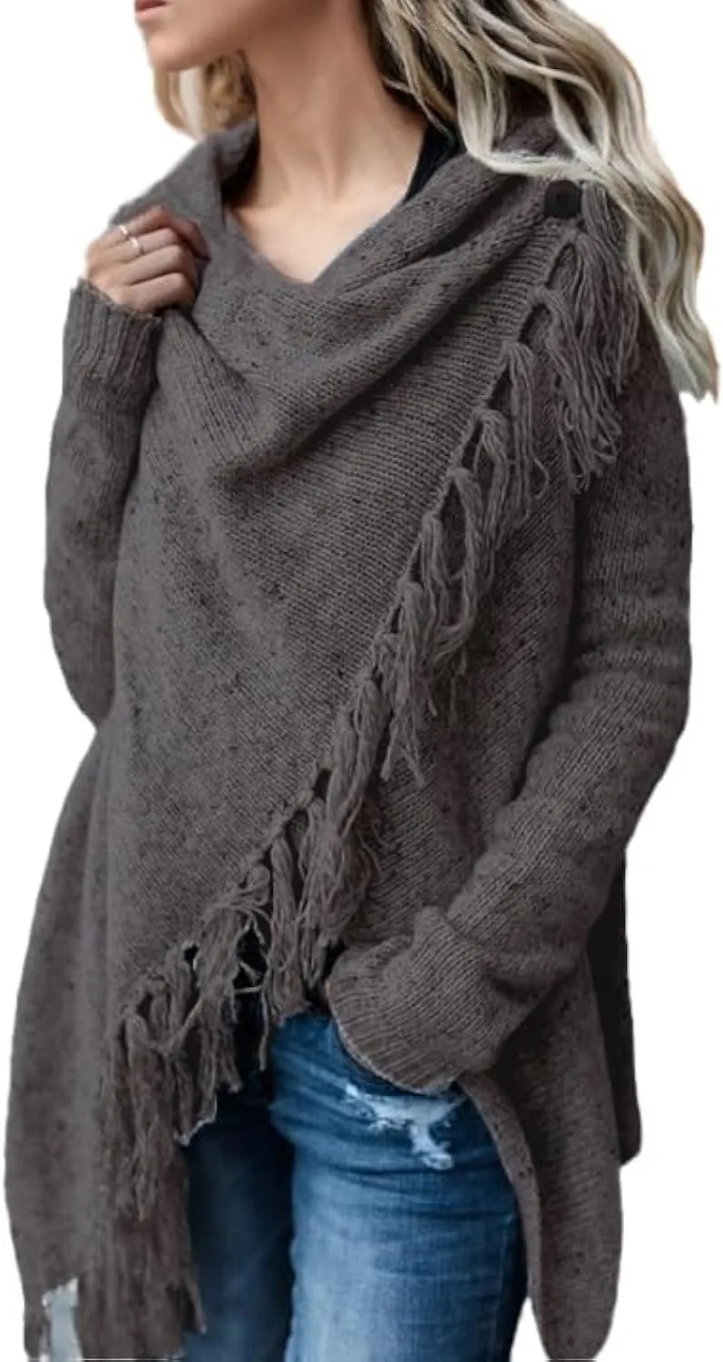 Women's Open Front Knited Tassels Slash Loose Cardigan Crew Neck Speckled Fringe Sweater Outwear