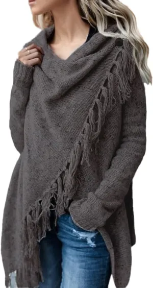 Women's Open Front Knited Tassels Slash Loose Cardigan Crew Neck Speckled Fringe Sweater Outwear