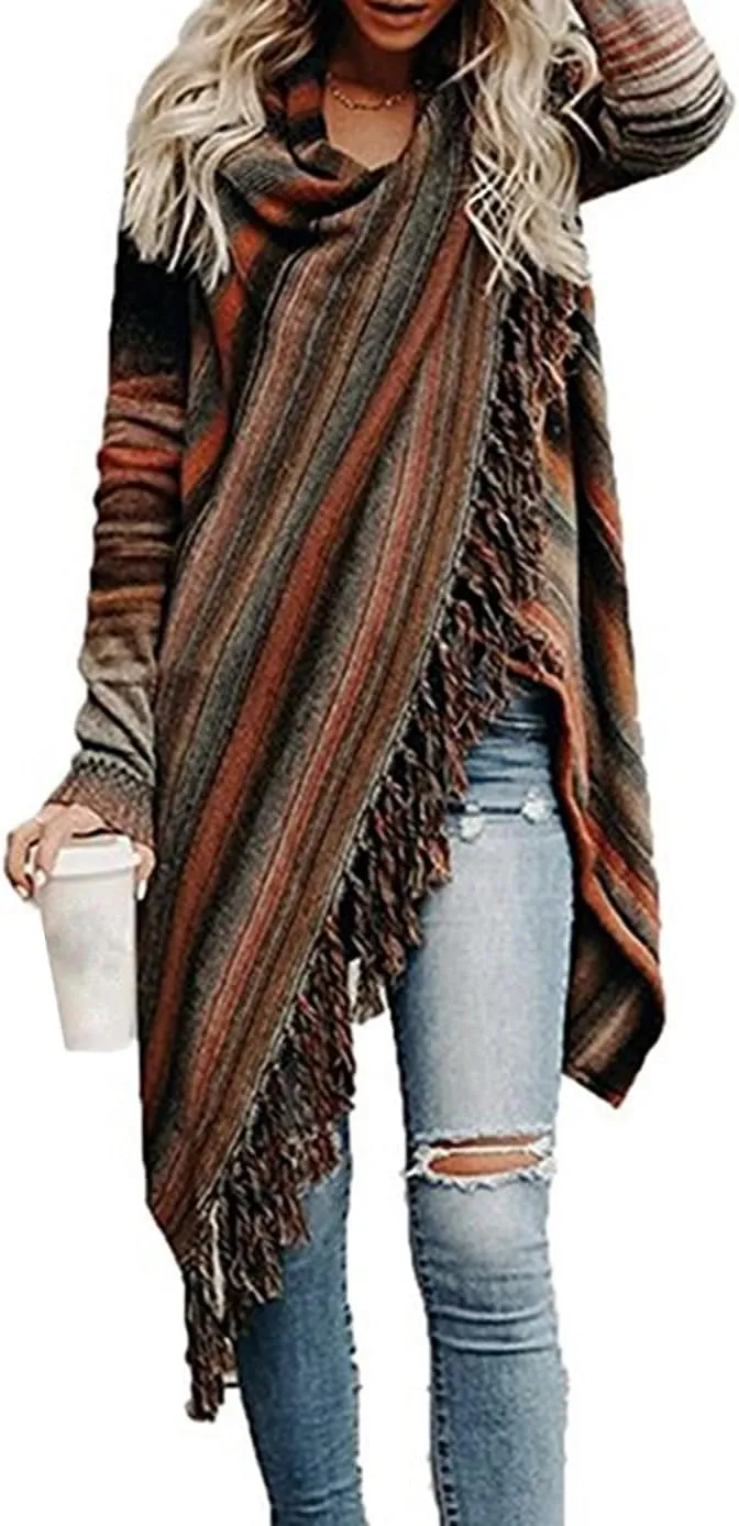 Women's Open Front Knited Tassels Slash Loose Cardigan Crew Neck Speckled Fringe Sweater Outwear