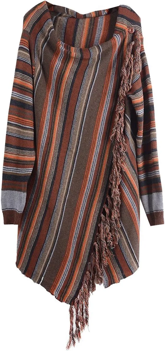 Women's Open Front Knited Tassels Slash Loose Cardigan Crew Neck Speckled Fringe Sweater Outwear