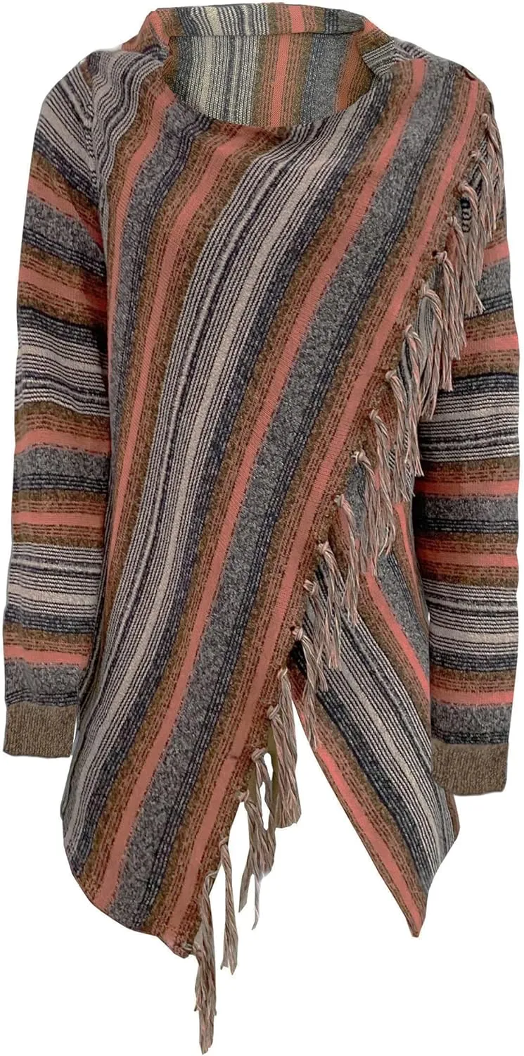 Women's Open Front Knited Tassels Slash Loose Cardigan Crew Neck Speckled Fringe Sweater Outwear