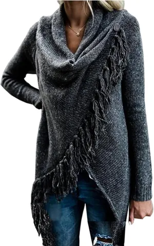 Women's Open Front Knited Tassels Slash Loose Cardigan Crew Neck Speckled Fringe Sweater Outwear