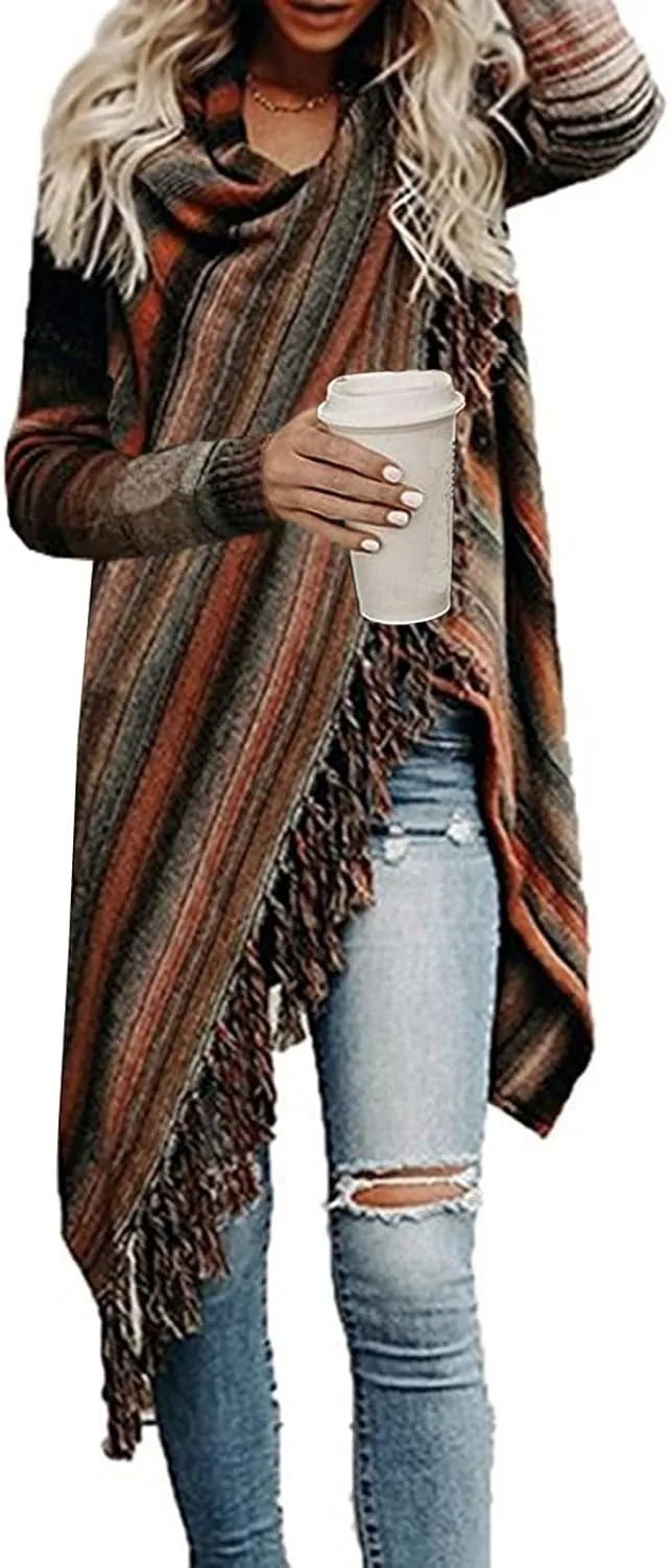 Women's Open Front Knited Tassels Slash Loose Cardigan Crew Neck Speckled Fringe Sweater Outwear
