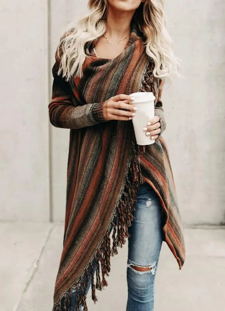 Women's Open Front Knited Tassels Slash Loose Cardigan Crew Neck Speckled Fringe Sweater Outwear