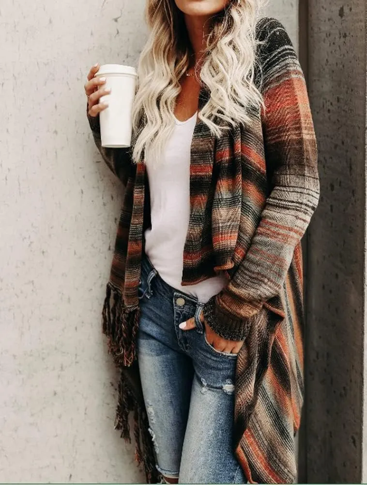 Women's Open Front Knited Tassels Slash Loose Cardigan Crew Neck Speckled Fringe Sweater Outwear